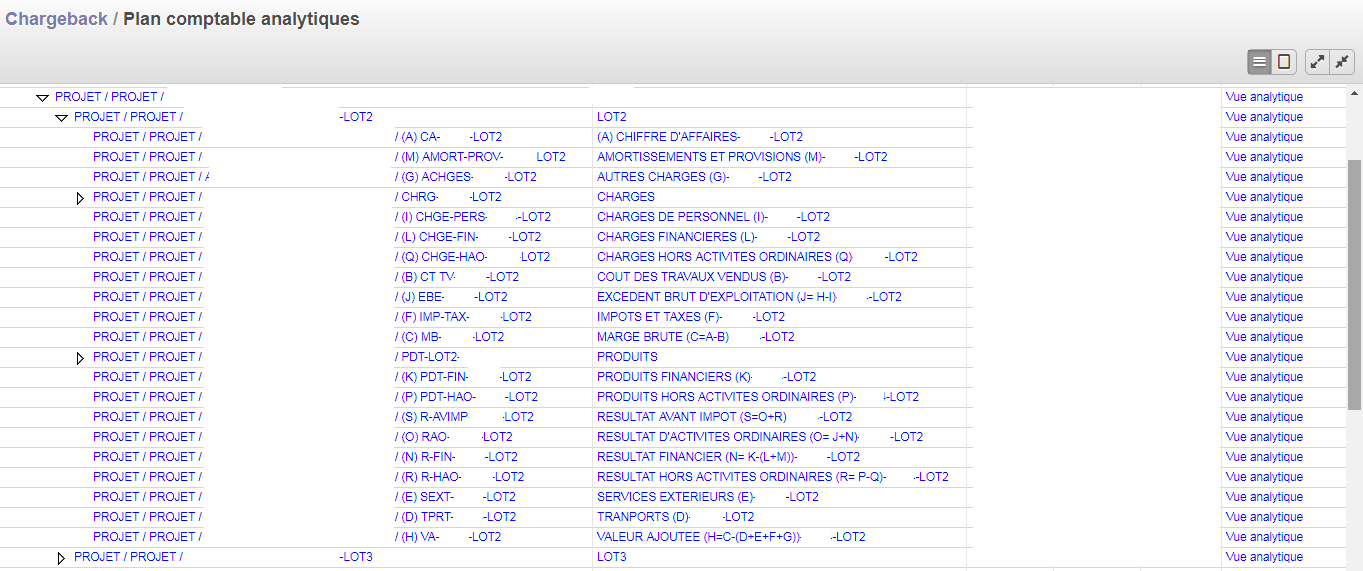 Exemple de structure de comptes analytiques reflétant les soldes intermédiaires de gestion par projet