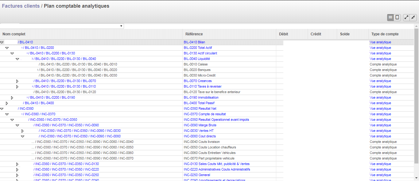 Exemple de structure de comptes analytiques suivant la logique du bilan et du compte de résultat anglo-saxon