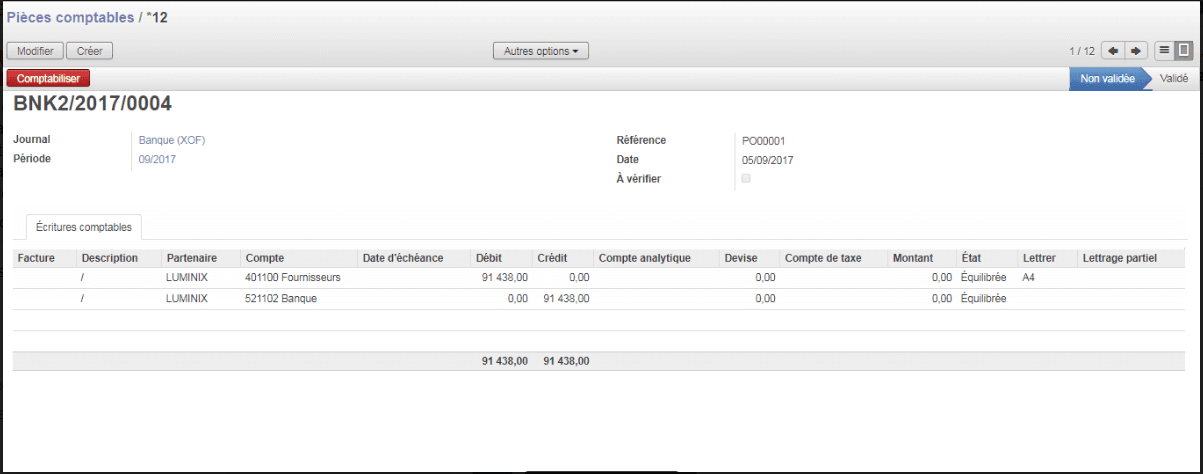 Pièce comptable et écritures odoo