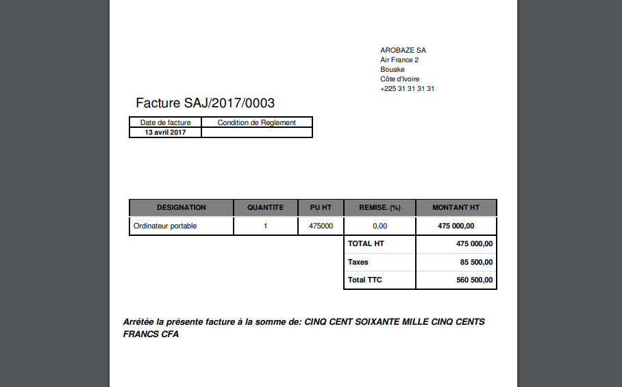 Imprimé facture Odoo