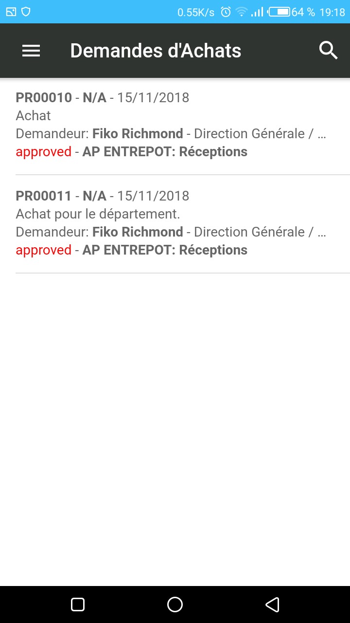 Vue Liste demande d'achat