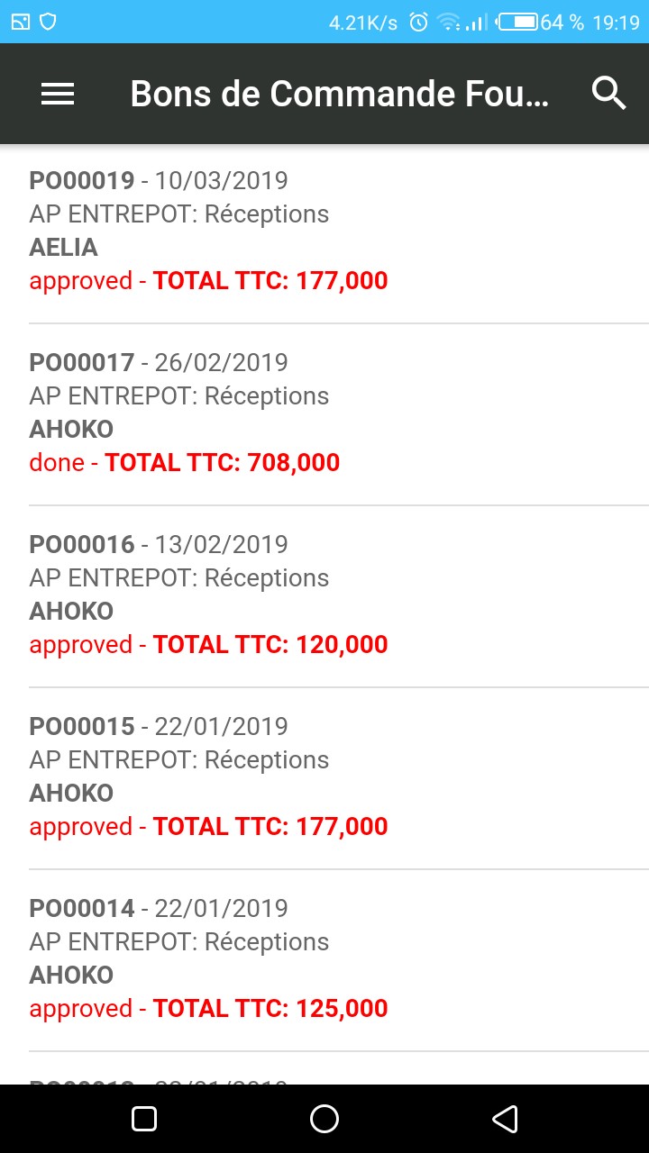 Vue Liste Bon de commande Fournisseur