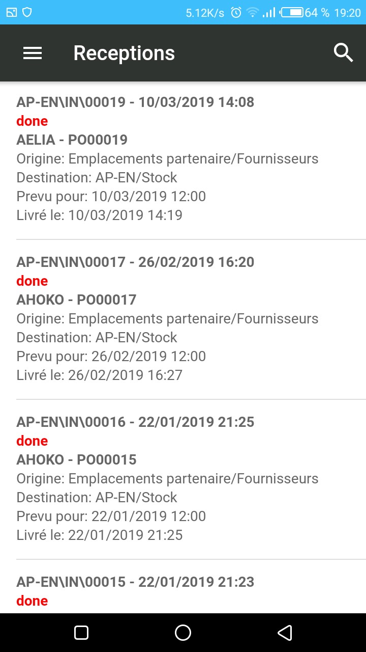 Vue Liste Reception stock