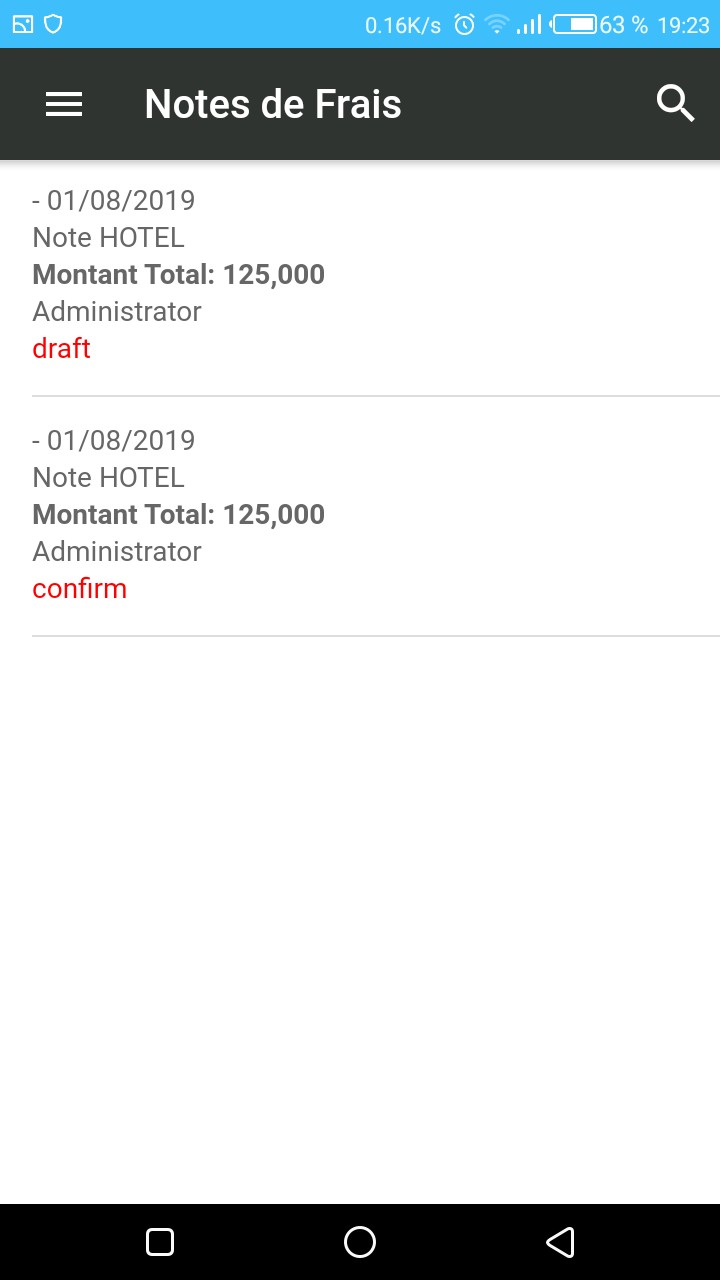 Vue Liste Notes de frais